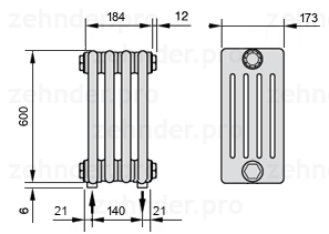 Схема (чертеж) Радиатор Zehnder Charleston 5060/4 №3570 Белый глянцевый RAL 9016